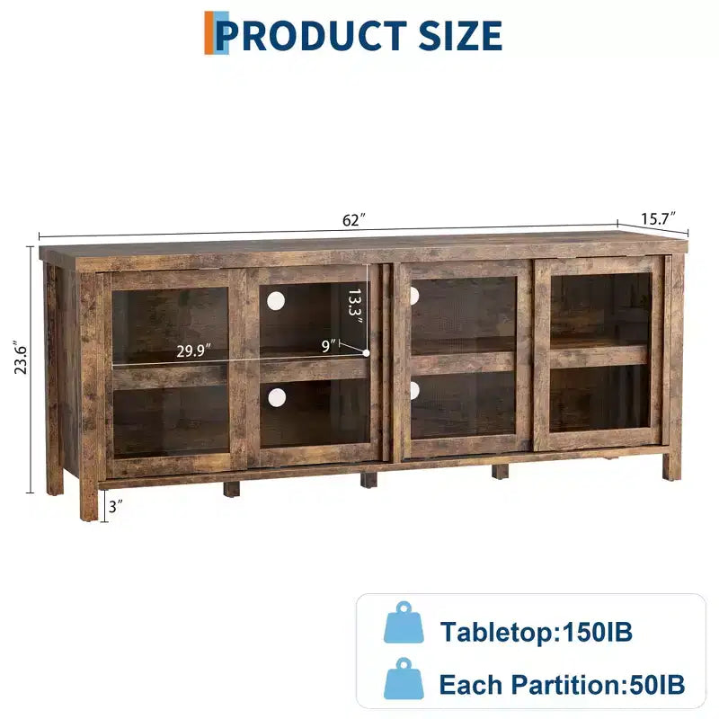 TV Stand for 65-Inch TVs with Entertainment Center - Storage Cabinet, 4 Sliding Glass Doors, Mid-Century Modern Media Console