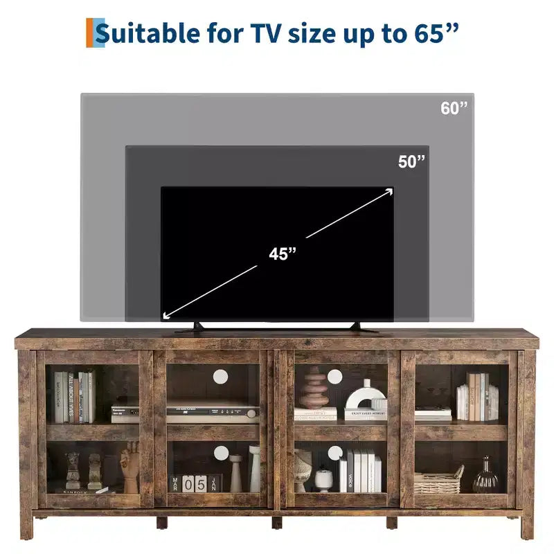 TV Stand for 65-Inch TVs with Entertainment Center - Storage Cabinet, 4 Sliding Glass Doors, Mid-Century Modern Media Console