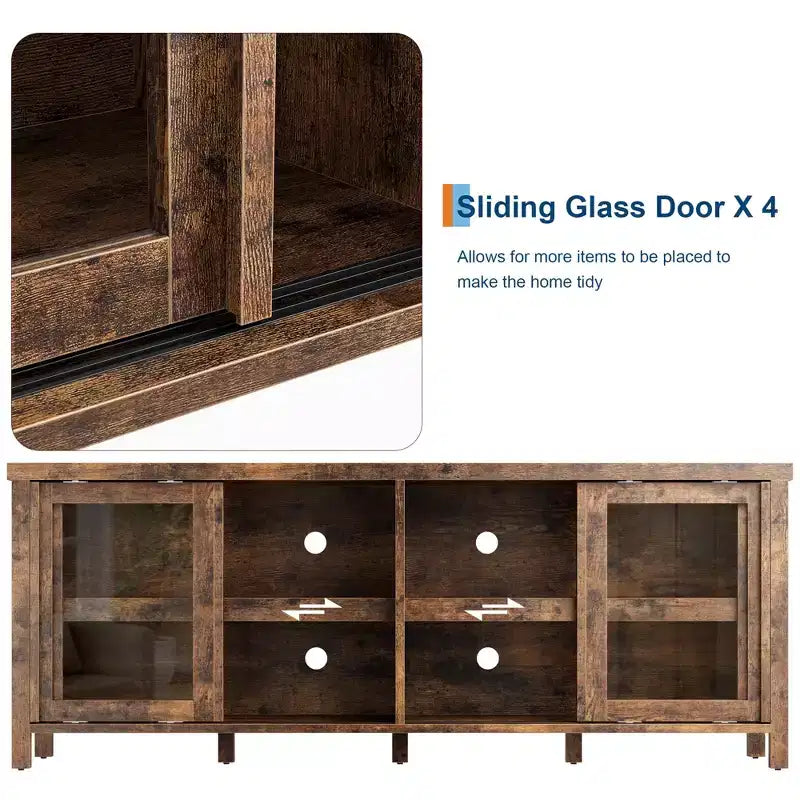 TV Stand for 65-Inch TVs with Entertainment Center - Storage Cabinet, 4 Sliding Glass Doors, Mid-Century Modern Media Console