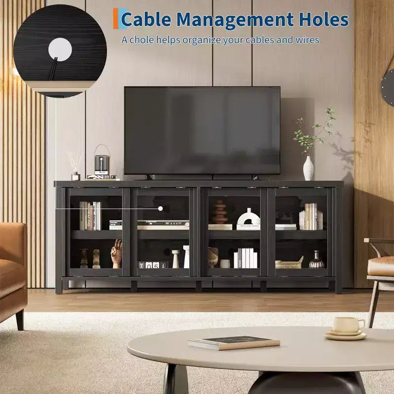 TV Stand for 65-Inch TVs with Entertainment Center - Storage Cabinet, 4 Sliding Glass Doors, Mid-Century Modern Media Console