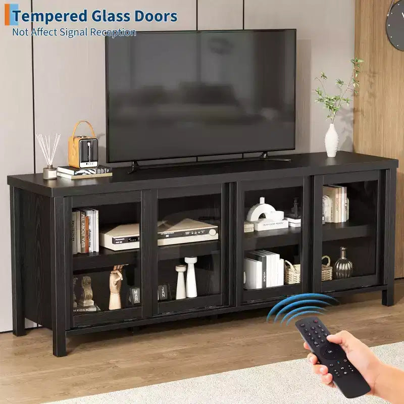 TV Stand for 65-Inch TVs with Entertainment Center - Storage Cabinet, 4 Sliding Glass Doors, Mid-Century Modern Media Console
