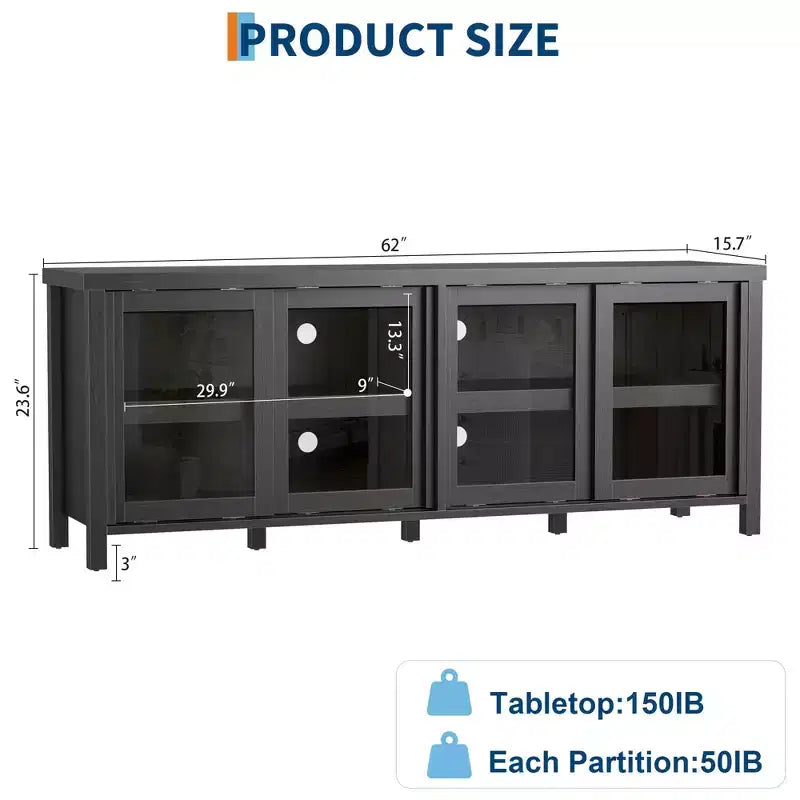 TV Stand for 65-Inch TVs with Entertainment Center - Storage Cabinet, 4 Sliding Glass Doors, Mid-Century Modern Media Console