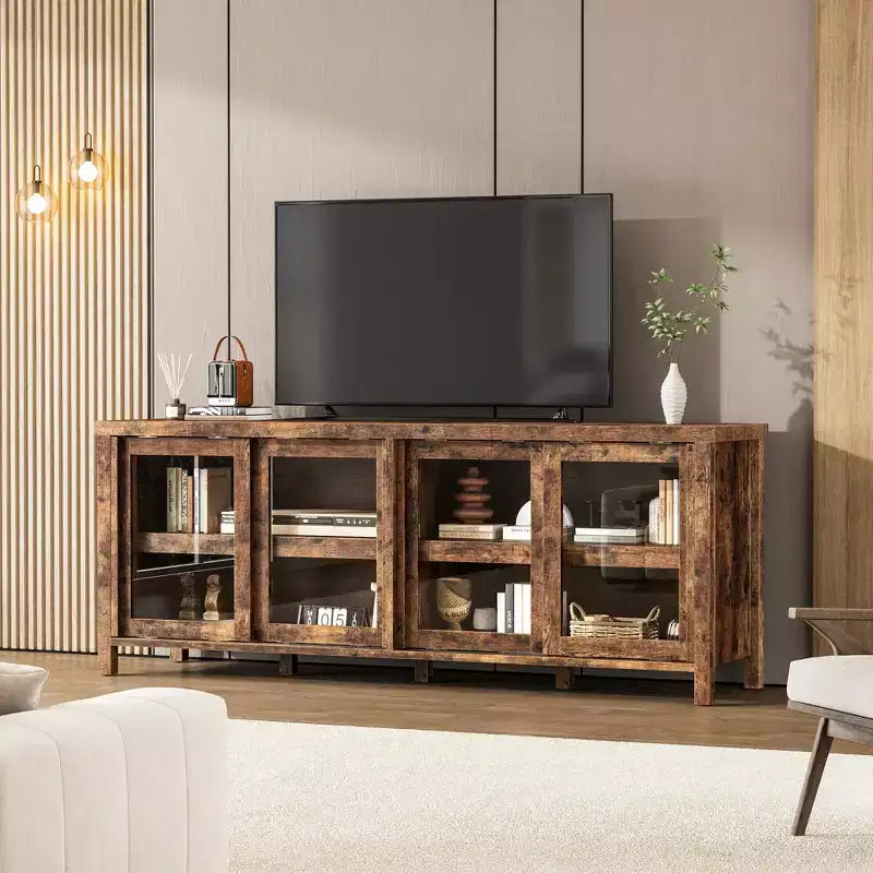 TV Stand for 65-Inch TVs with Entertainment Center - Storage Cabinet, 4 Sliding Glass Doors, Mid-Century Modern Media Console