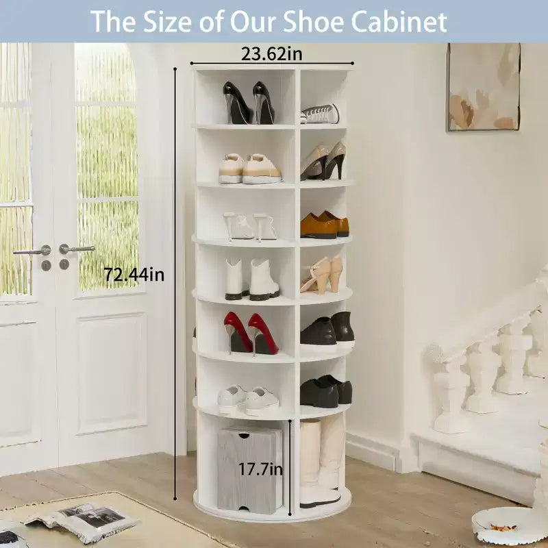 7-Tier 360 Rotating Shoe Rack Tower, Free-Standing Shoe Organizer, Holds up to 28 Pairs, White