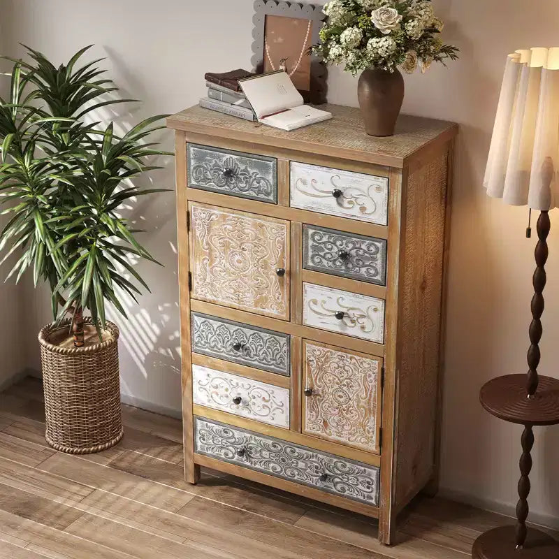 Vintage Wooden Accent Chest with 6 Drawers and 2 Cabinets, Rustic Multicolor Carved Storage Dresser for Living Room