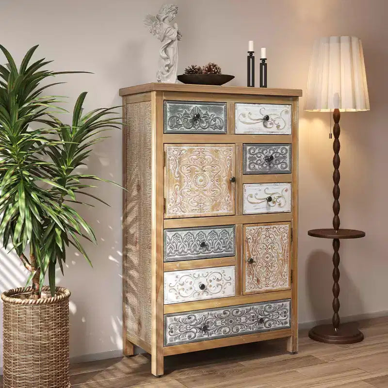 Vintage Wooden Accent Chest with 6 Drawers and 2 Cabinets, Rustic Multicolor Carved Storage Dresser for Living Room