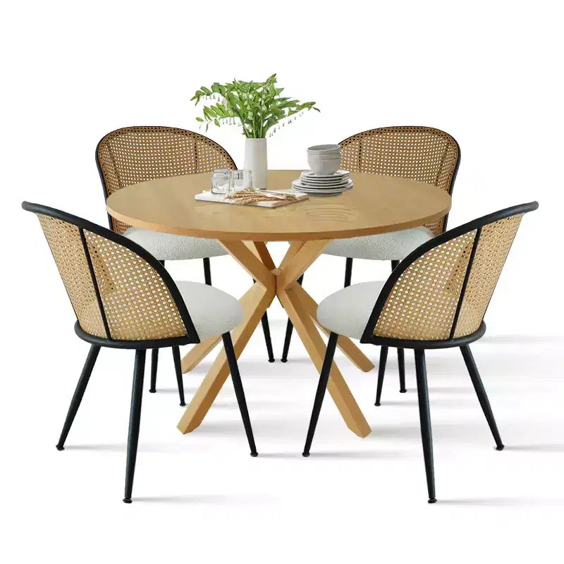 Ensemble de salle à manger moderne pour 4 personnes, table à pied central gain de place avec chaises tapissées en bouclé, dossier en rotin tressé, pour appartement - Panipeachy