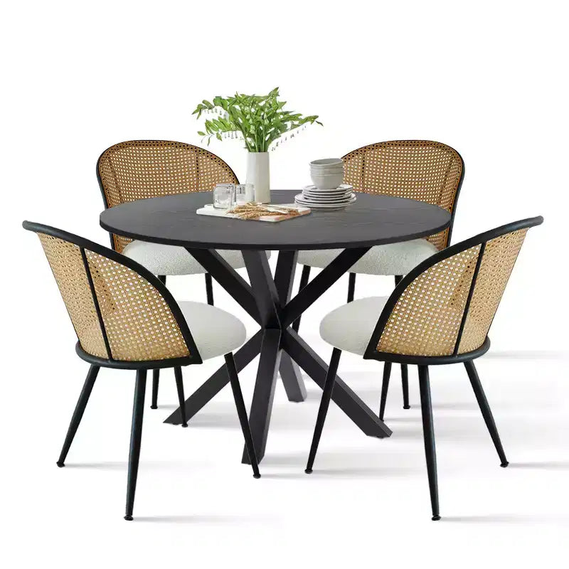 Ensemble de salle à manger moderne pour 4 personnes, table à pied central gain de place avec chaises tapissées en bouclé, dossier en rotin tressé, pour appartement - Panipeachy