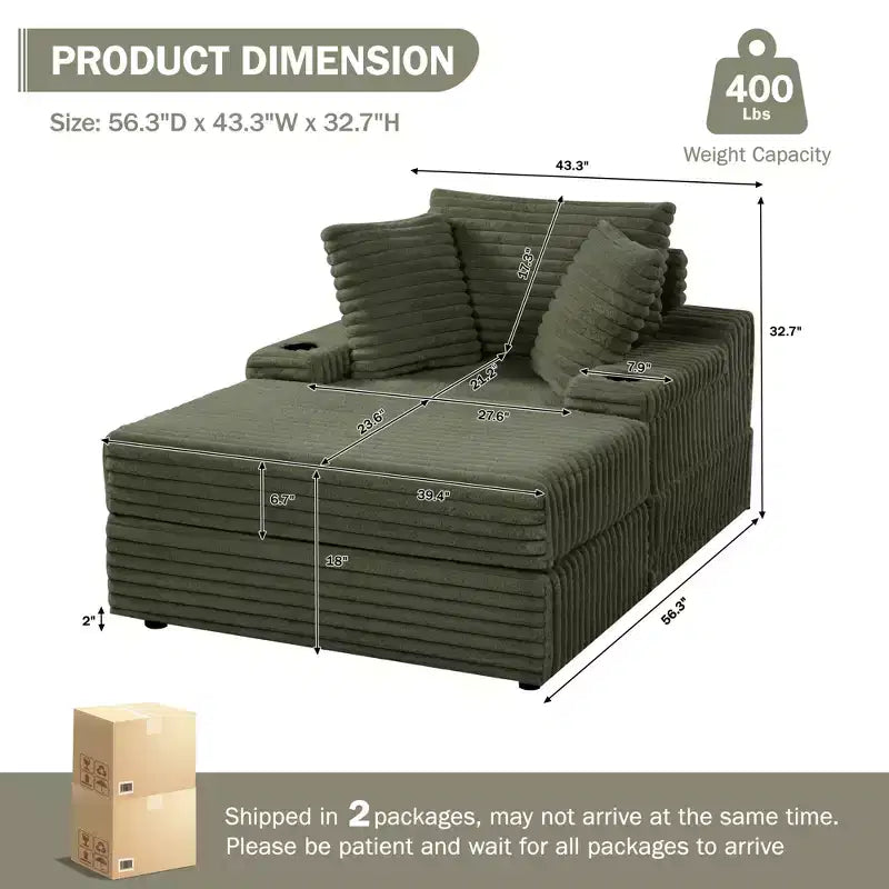 Oversized Corduroy Chaise Lounge Chair - Indoor Upholstered Sofa with Storage Ottoman, 3 Pillows & Single Sleeper for Living Room