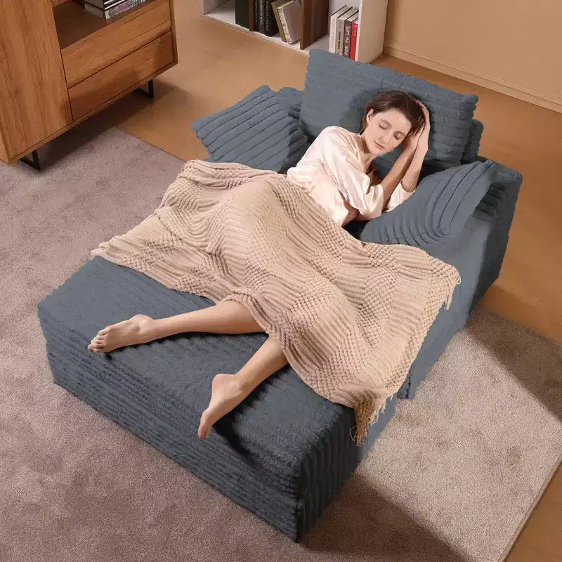 Oversized Corduroy Chaise Lounge Chair - Indoor Upholstered Sofa with Storage Ottoman, 3 Pillows & Single Sleeper for Living Room