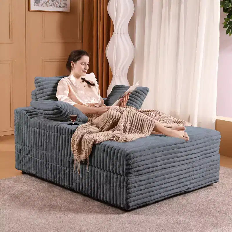 Oversized Corduroy Chaise Lounge Chair - Indoor Upholstered Sofa with Storage Ottoman, 3 Pillows & Single Sleeper for Living Room