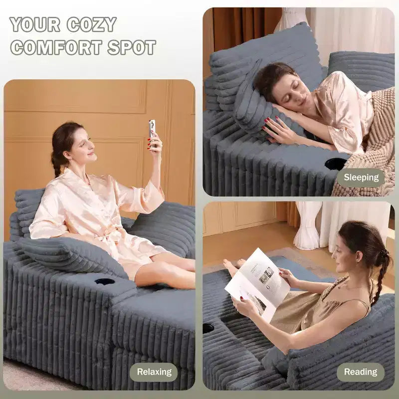 Oversized Corduroy Chaise Lounge Chair - Indoor Upholstered Sofa with Storage Ottoman, 3 Pillows & Single Sleeper for Living Room