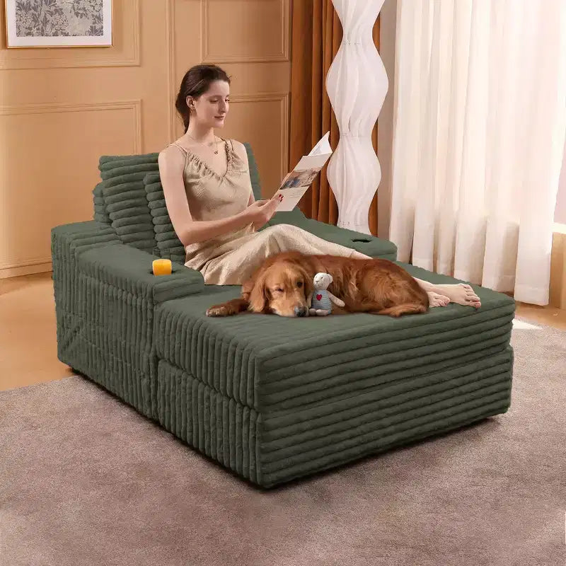 Oversized Corduroy Chaise Lounge Chair - Indoor Upholstered Sofa with Storage Ottoman, 3 Pillows & Single Sleeper for Living Room