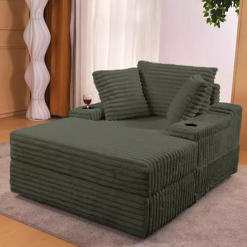Oversized Corduroy Chaise Lounge Chair - Indoor Upholstered Sofa with Storage Ottoman, 3 Pillows & Single Sleeper for Living Room