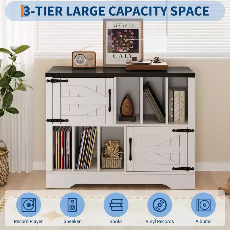 39in Large Vinyl Record Storage Cabinet with Barn Doors for Living Room Bedroom