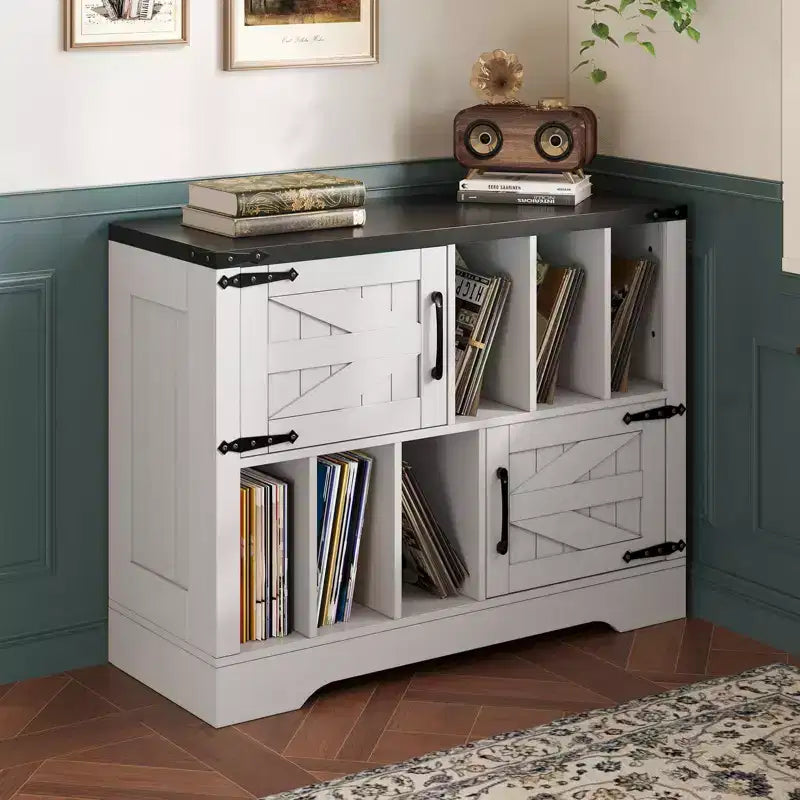 39in Large Vinyl Record Storage Cabinet with Barn Doors for Living Room Bedroom