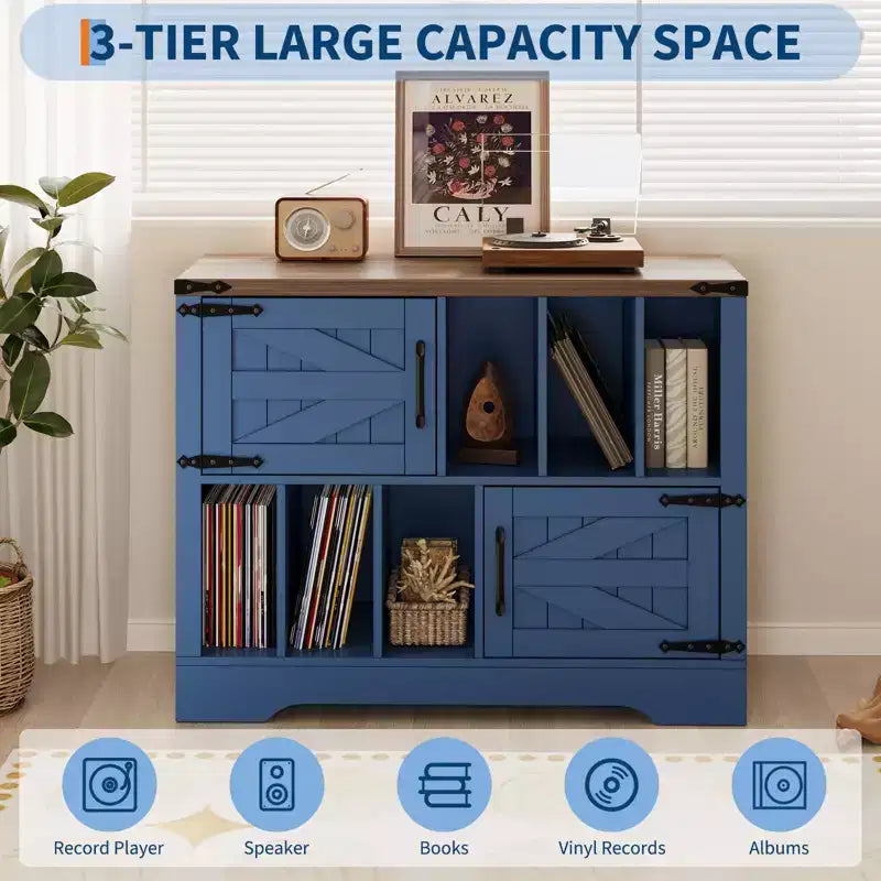 39in Large Vinyl Record Storage Cabinet with Barn Doors for Living Room Bedroom