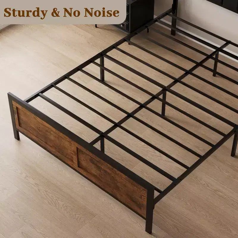 Metal Platform Bed Frame with Wooden Headboard and Rivet, 13 Heavy Duty Iron Slats Support, Large Under-Bed Storage