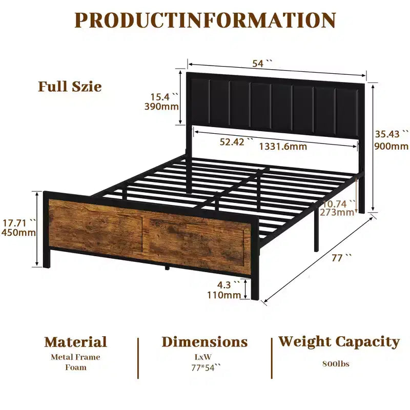 Metal Platform Bed Frame with Wooden Headboard and Rivet, 13 Heavy Duty Iron Slats Support, Large Under-Bed Storage