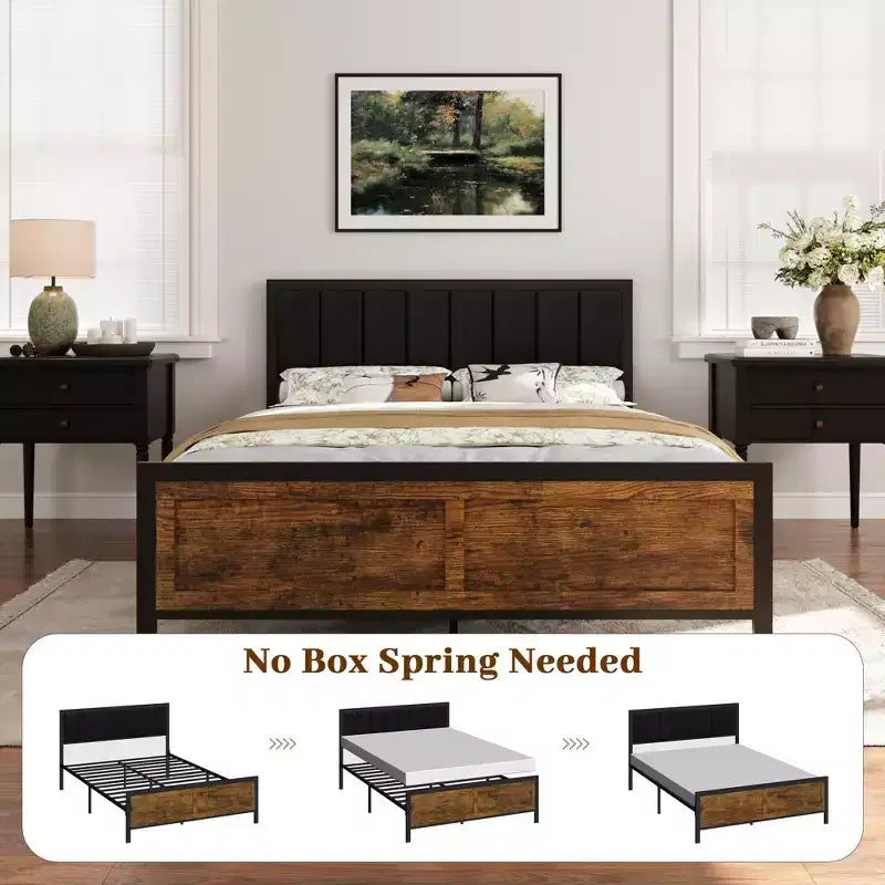 Metal Platform Bed Frame with Wooden Headboard and Rivet, 13 Heavy Duty Iron Slats Support, Large Under-Bed Storage