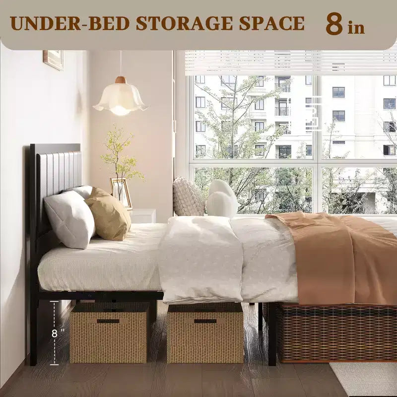 Metal Platform Bed Frame with Wooden Headboard and Rivet, 13 Heavy Duty Iron Slats Support, Large Under-Bed Storage