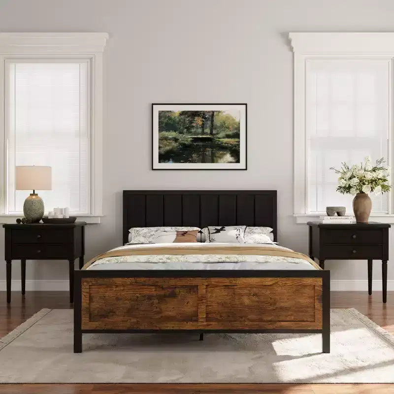 Metal Platform Bed Frame with Wooden Headboard and Rivet, 13 Heavy Duty Iron Slats Support, Large Under-Bed Storage