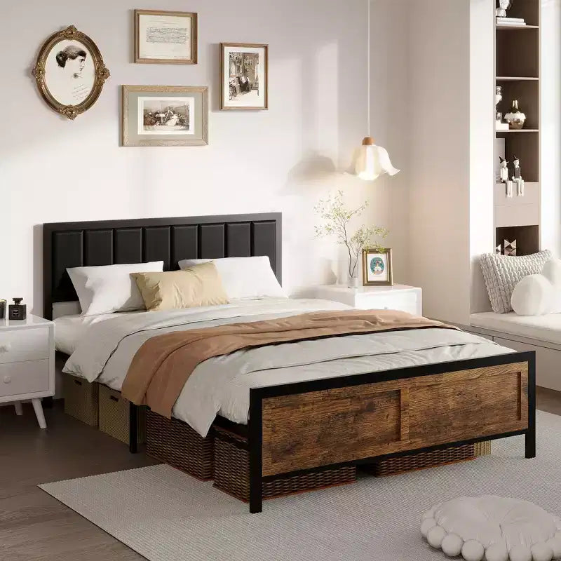 Metal Platform Bed Frame with Wooden Headboard and Rivet, 13 Heavy Duty Iron Slats Support, Large Under-Bed Storage