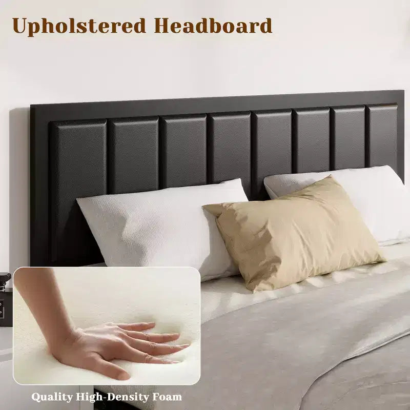 Metal Platform Bed Frame with Wooden Headboard and Rivet, 13 Heavy Duty Iron Slats Support, Large Under-Bed Storage