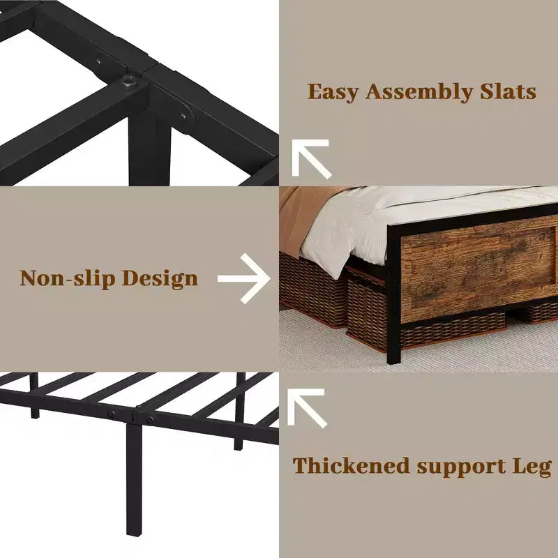 Metal Platform Bed Frame with Wooden Headboard and Rivet, 13 Heavy Duty Iron Slats Support, Large Under-Bed Storage
