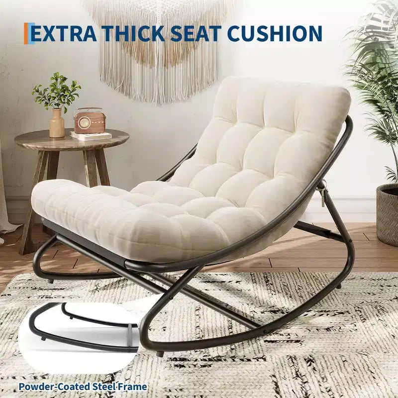 Oversized Papasan Rocking Chair – White Indoor/Outdoor Egg Chair with Thick Cushion (450 lbs Capacity)