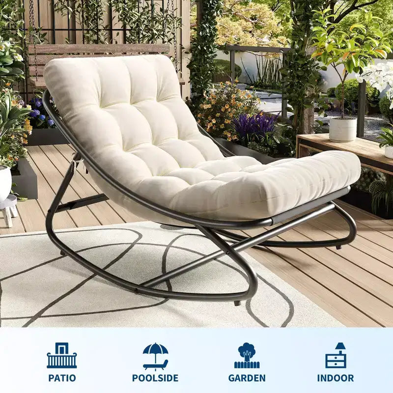Oversized Papasan Rocking Chair – White Indoor/Outdoor Egg Chair with Thick Cushion (450 lbs Capacity)
