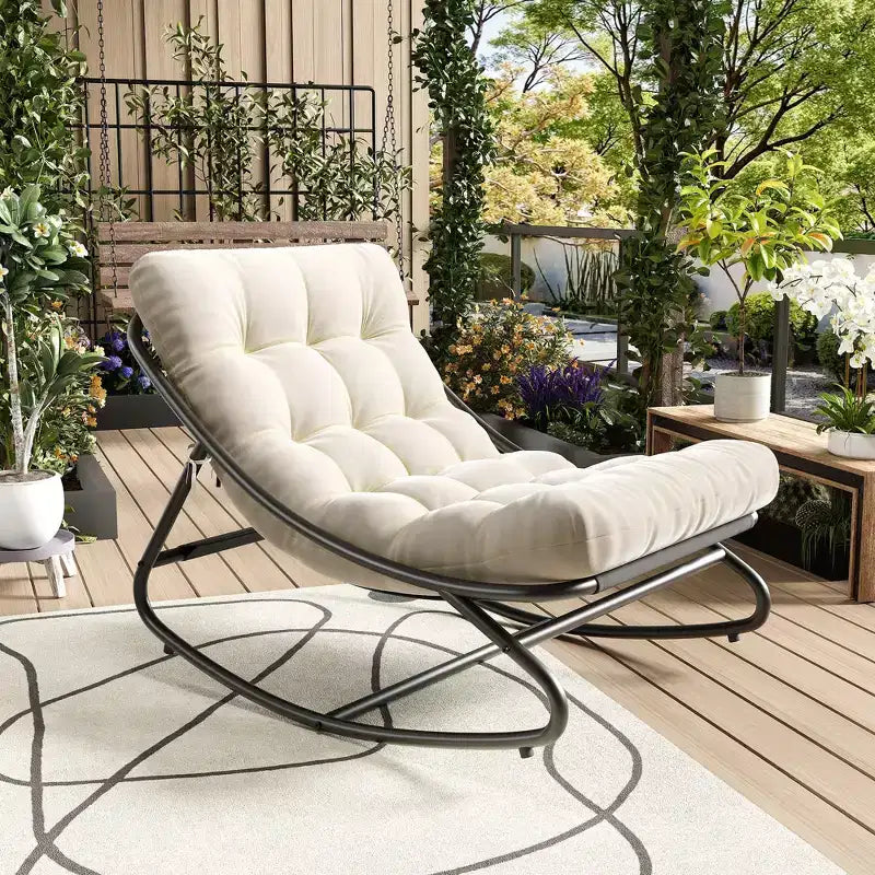 Oversized Papasan Rocking Chair – White Indoor/Outdoor Egg Chair with Thick Cushion (450 lbs Capacity)