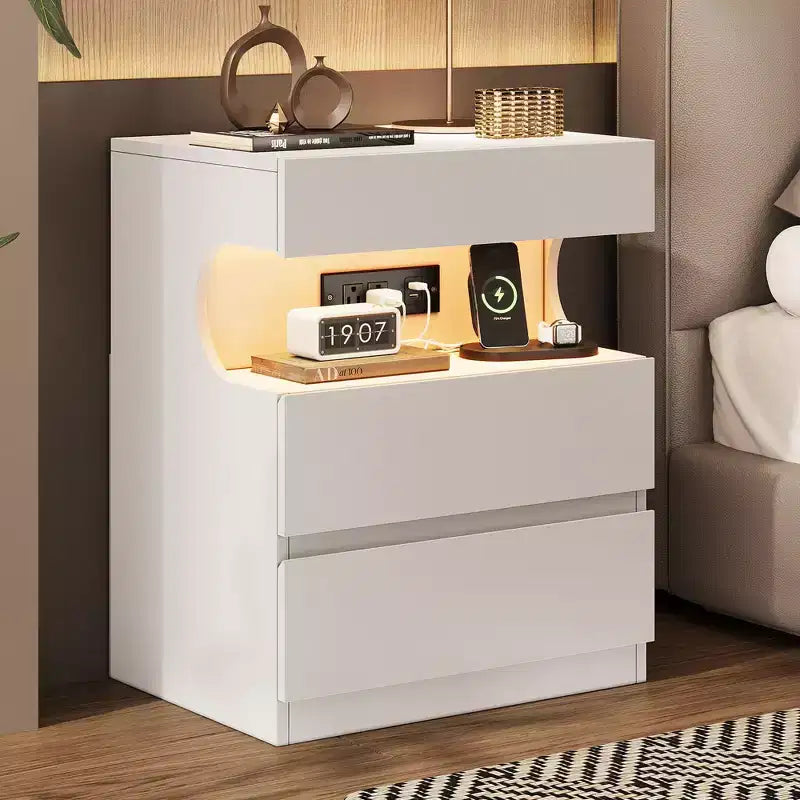 Smart LED Nightstand with Charging Station & 3 Drawers
