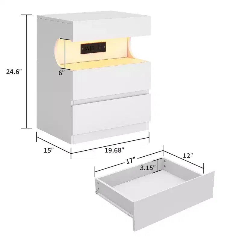 Smart LED Nightstand with Charging Station & 3 Drawers