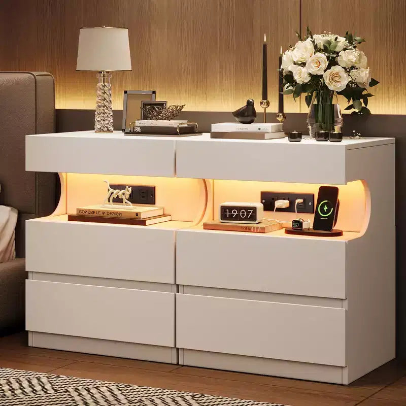 Smart LED Nightstand with Charging Station & 3 Drawers