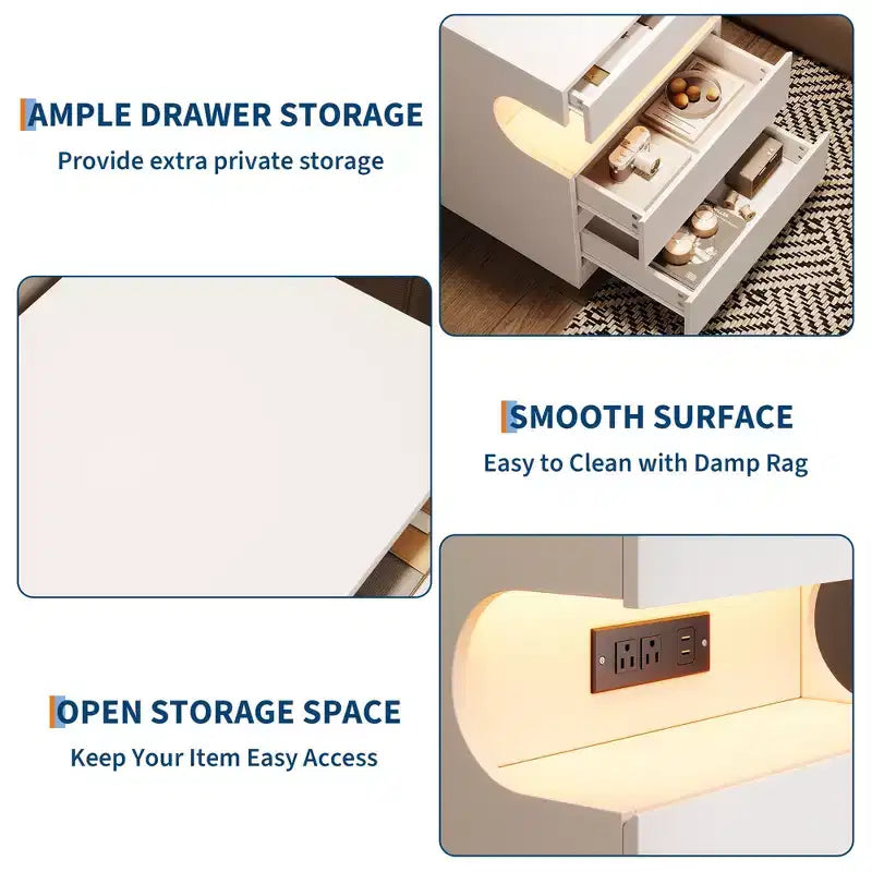 Smart LED Nightstand with Charging Station & 3 Drawers
