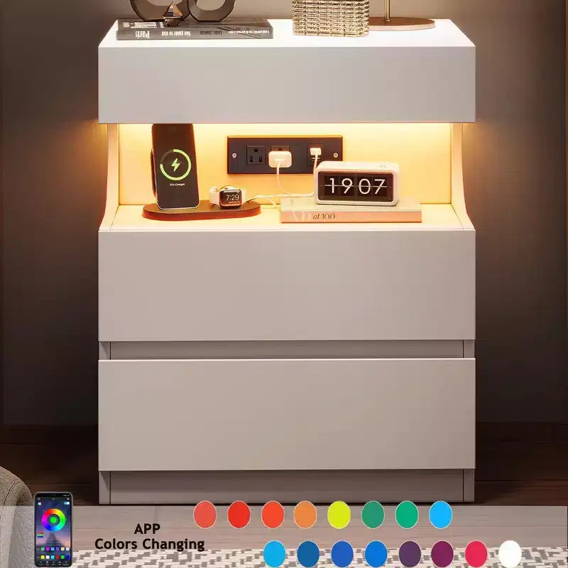 Smart LED Nightstand with Charging Station & 3 Drawers