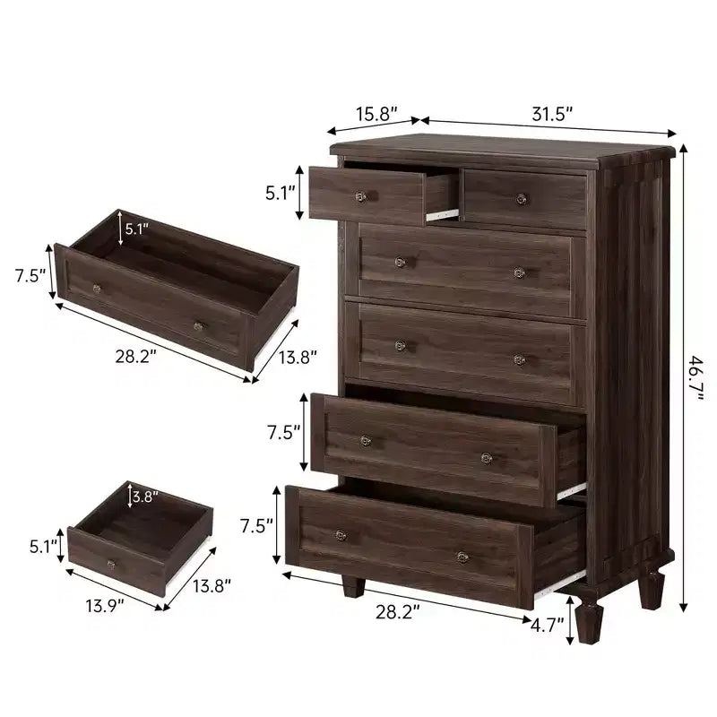 Vintage 6 Drawer Dresser with Tapered Legs, Wood Tall Chest of Drawers for Bedroom, Living Room, Entryway, Distressed Wood Finish