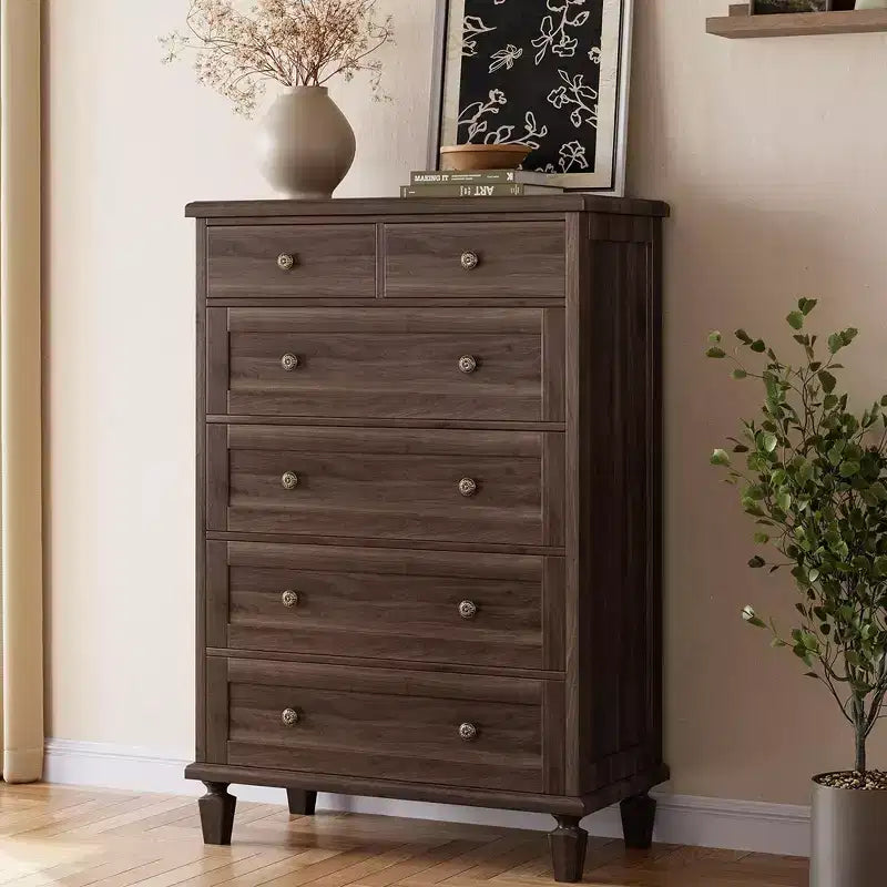 Vintage 6 Drawer Dresser with Tapered Legs, Wood Tall Chest of Drawers for Bedroom, Living Room, Entryway, Distressed Wood Finish