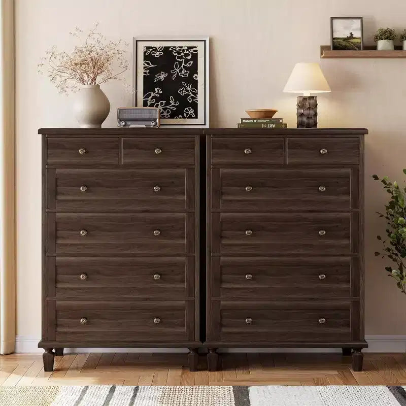 Vintage 6 Drawer Dresser with Tapered Legs, Wood Tall Chest of Drawers for Bedroom, Living Room, Entryway, Distressed Wood Finish
