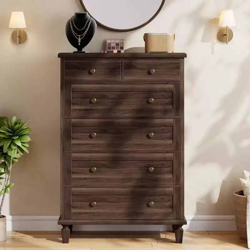 Vintage 6 Drawer Dresser with Tapered Legs, Wood Tall Chest of Drawers for Bedroom, Living Room, Entryway, Distressed Wood Finish
