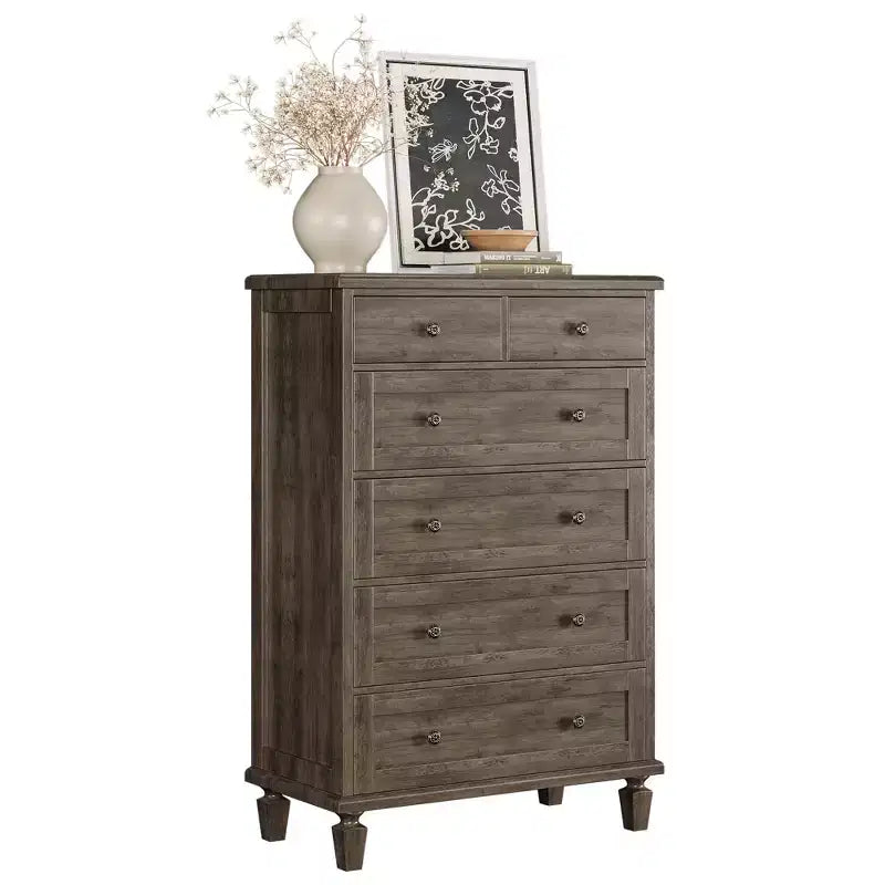 Vintage 6 Drawer Dresser with Tapered Legs, Wood Tall Chest of Drawers for Bedroom, Living Room, Entryway, Distressed Wood Finish