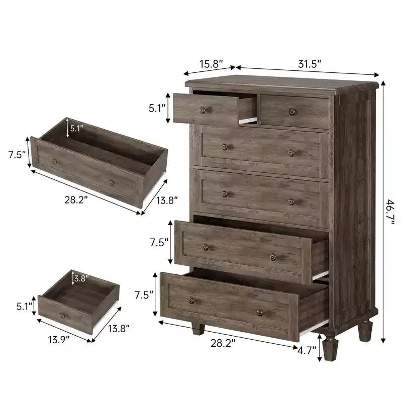 Vintage 6 Drawer Dresser with Tapered Legs, Wood Tall Chest of Drawers for Bedroom, Living Room, Entryway, Distressed Wood Finish