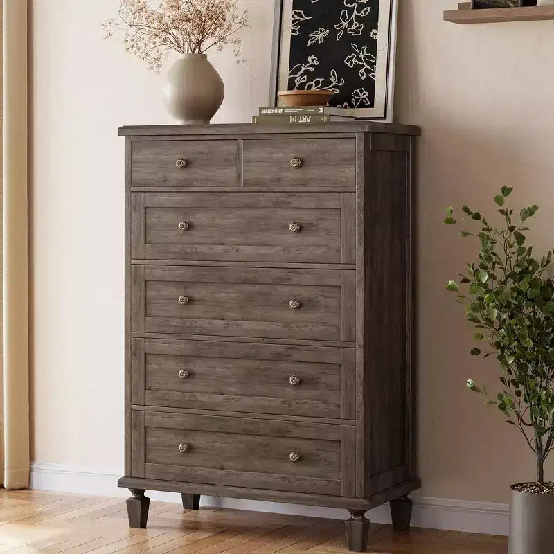 Vintage 6 Drawer Dresser with Tapered Legs, Wood Tall Chest of Drawers for Bedroom, Living Room, Entryway, Distressed Wood Finish