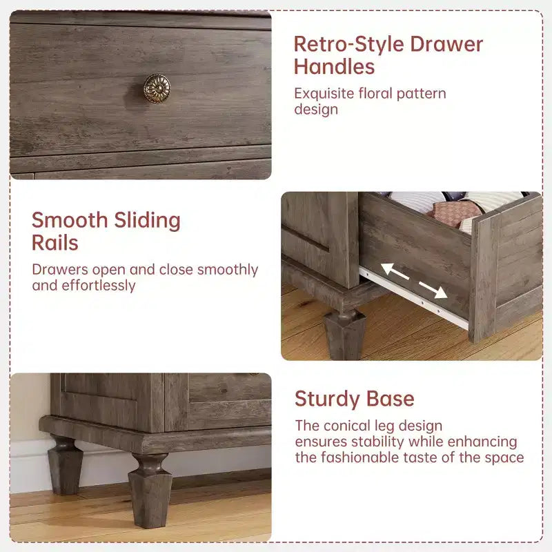 Vintage 6 Drawer Dresser with Tapered Legs, Wood Tall Chest of Drawers for Bedroom, Living Room, Entryway, Distressed Wood Finish