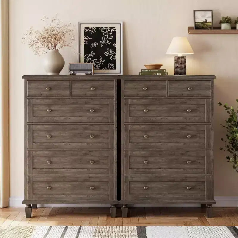 Vintage 6 Drawer Dresser with Tapered Legs, Wood Tall Chest of Drawers for Bedroom, Living Room, Entryway, Distressed Wood Finish