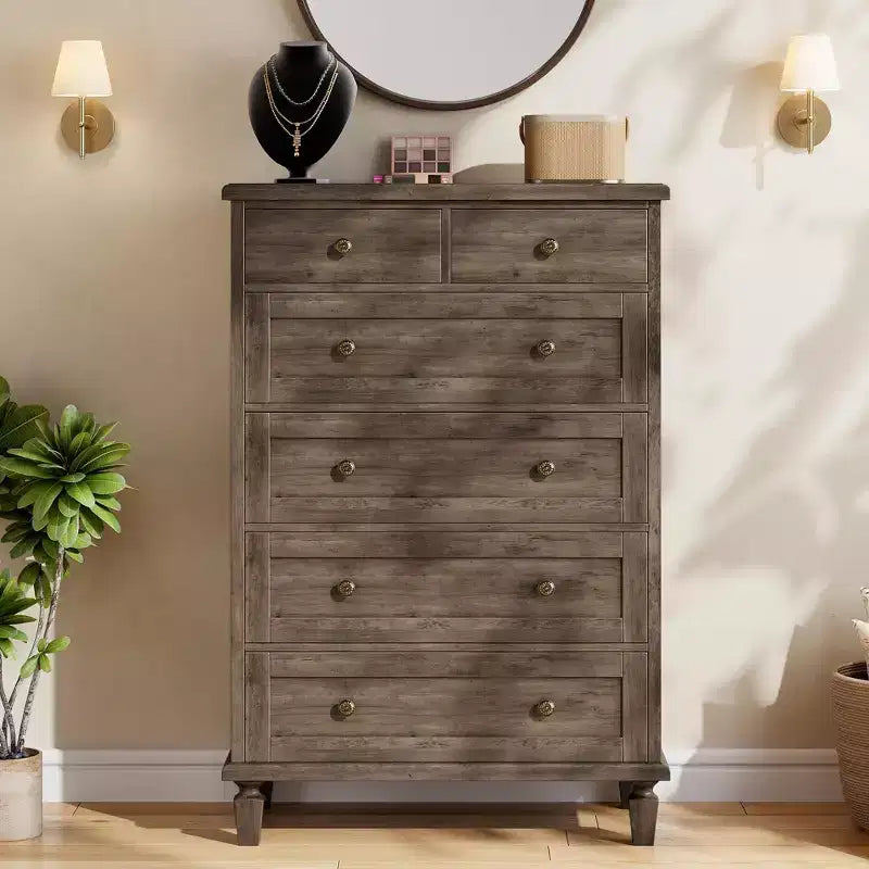 Vintage 6 Drawer Dresser with Tapered Legs, Wood Tall Chest of Drawers for Bedroom, Living Room, Entryway, Distressed Wood Finish