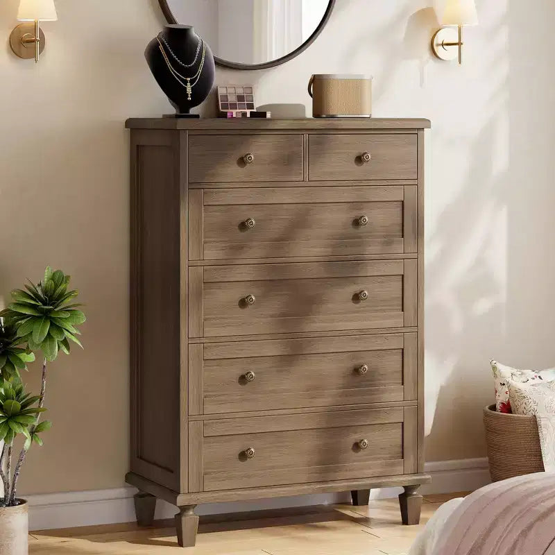 Vintage 6 Drawer Dresser with Tapered Legs, Wood Tall Chest of Drawers for Bedroom, Living Room, Entryway, Distressed Wood Finish