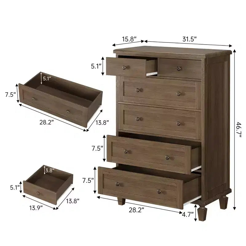 Vintage 6 Drawer Dresser with Tapered Legs, Wood Tall Chest of Drawers for Bedroom, Living Room, Entryway, Distressed Wood Finish