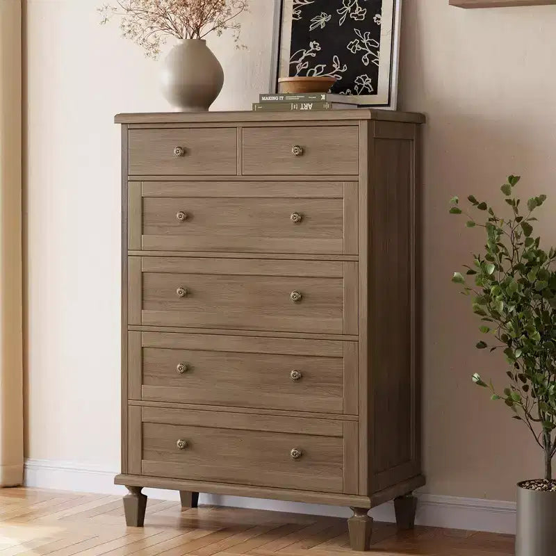 Vintage 6 Drawer Dresser with Tapered Legs, Wood Tall Chest of Drawers for Bedroom, Living Room, Entryway, Distressed Wood Finish